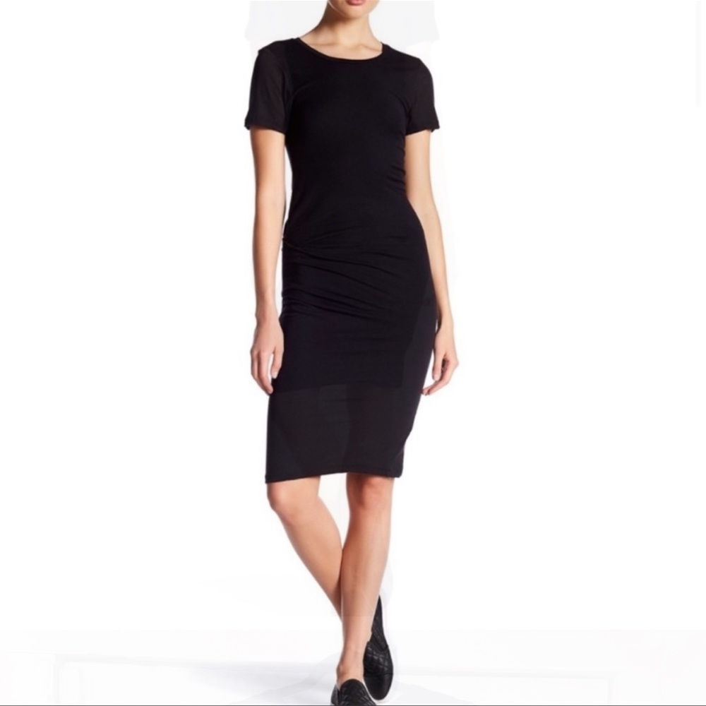 James Perse Ruched T-Shirt Dress-Fitted-Black-Size 3 (Large)